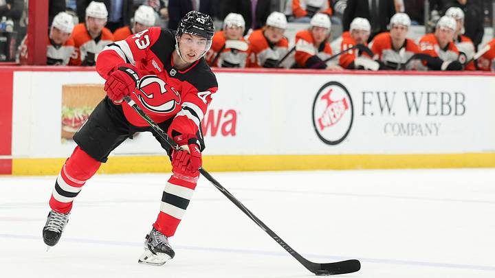 New Jersey Devils defenseman Luke Hughes (43) skates with the puck against the Philadelphia Flyers during the second period at Prudential Center. Mandatory Credit: Luther Schlaifer-Imagn Images