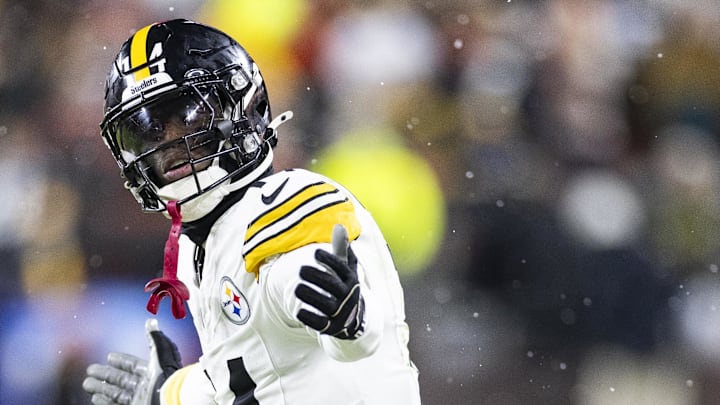 Nov 21, 2024; Cleveland, Ohio, USA; Pittsburgh Steelers wide receiver George Pickens (14) reacts during the second quarter against the Cleveland Browns at Huntington Bank Field Stadium. Mandatory Credit: Scott Galvin-Imagn Images