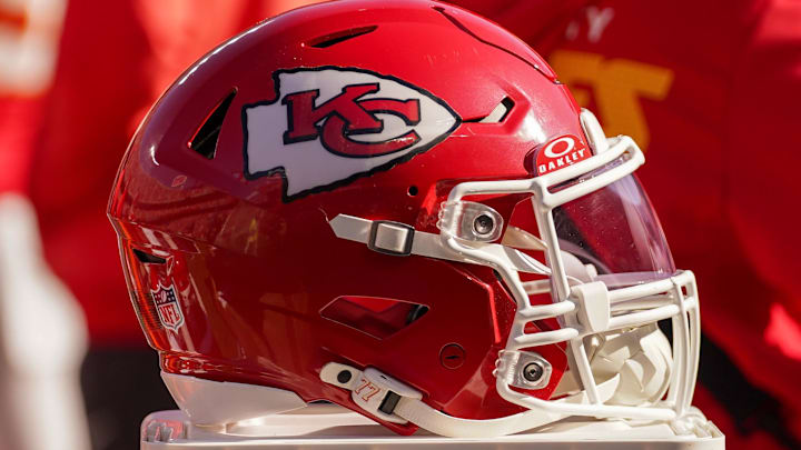 Nov 23, 2025; Kansas City, Missouri, USA; A general view of a Kansas City Chiefs helmet during the game against the Indianapolis Colts at GEHA Field at Arrowhead Stadium. Mandatory Credit: Denny Medley-Imagn Images