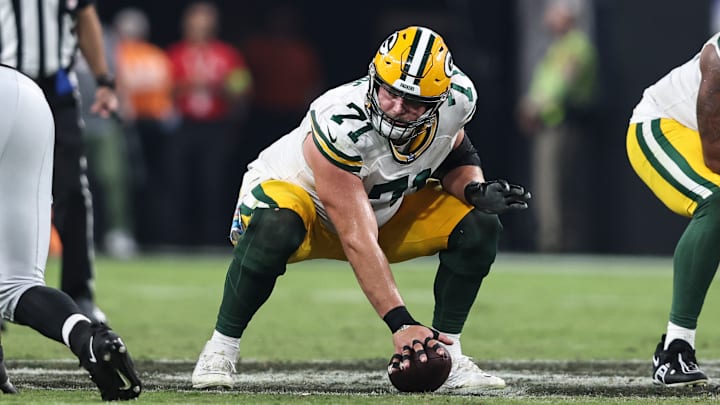 Center Josh Myers during a matchup between the Green Bay Packers and Las Vegas Raiders