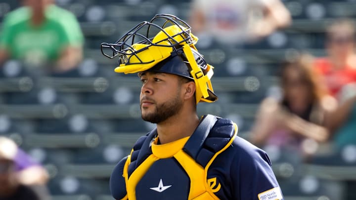 Feb 27, 2024; Tempe, Arizona, USA; Milwaukee Brewers catcher Jeferson Quero against the Los Angeles Angels during a spring training game at Tempe Diablo Stadium. Mandatory Credit: Mark J. Rebilas-USA TODAY Sports