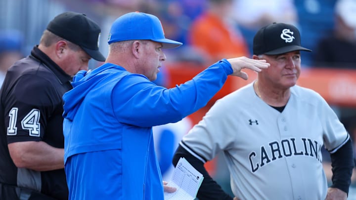 South Carolina head coach Paul Mainieri was not pleased with Florida infielder Brendan Lawson's bat-toss.