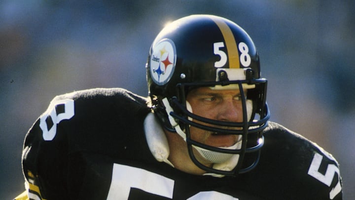 Jan 6, 1985; Miami, FL, USA; FILE PHOTO; Pittsburgh Steelers linebacker Jack Lambert (58) in action during the 1984 AFC Championship Game against the Miami Dolphins at the Orange Bowl. The Dolphins defeated the Steelers 45-28. Mandatory Credit: Manny Rubio-Imagn Images Jan 6, 1985; Miami, FL, USA; FILE PHOTO; Pittsburgh Steelers linebacker Jack Lambert (58) in action during the 1984 AFC Championship Game against the Miami Dolphins at the Orange Bowl. The Dolphins defeated the Steelers 45-28. Mandatory Credit: Manny Rubio-Imagn Images