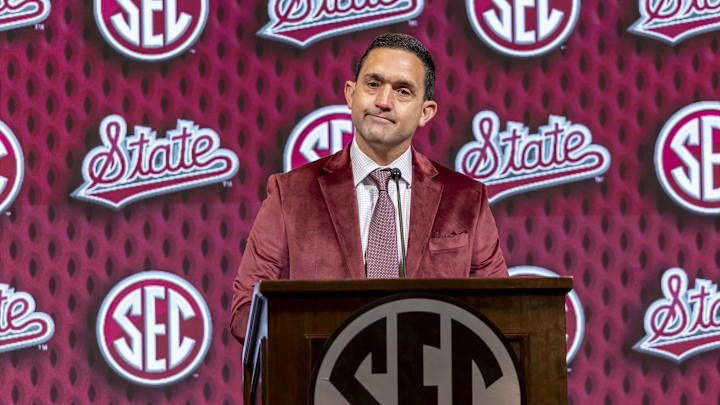 Oct 16, 2024; Birmingham, AL, USA; Mississippi State Bulldogs head coach Sam Purcell talks with the media during SEC Media Days at Grand Bohemian Hotel. Mandatory Credit: Vasha Hunt-Imagn Images Oct 16, 2024; Birmingham, AL, USA; Mississippi State Bulldogs head coach Sam Purcell talks with the media during SEC Media Days at Grand Bohemian Hotel. Mandatory Credit: Vasha Hunt-Imagn Images