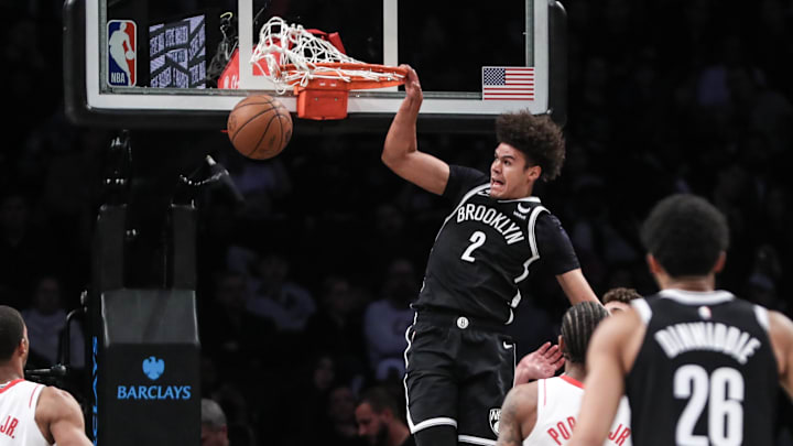Mar 29, 2023; Brooklyn, New York, USA;  Brooklyn Nets forward Cameron Johnson (2) dunks in the second quarter against the Houston Rockets at Barclays Center. Mandatory Credit: Wendell Cruz-Imagn Images