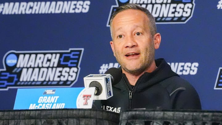 Mar 20, 2024; Pittsburgh, PA, USA; Texas Tech Red Raiders head coach Grant McCasland addresses the