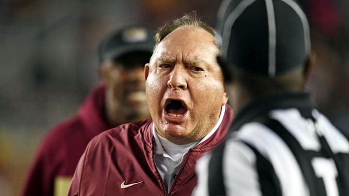 Nov 17, 2018; Tallahassee, FL, USA; Florida State Seminoles assistant coach Mickey Andrews reacts to a referee decision during the second half against the Boston College Eagles at Doak Campbell Stadium. Mandatory Credit: Melina Myers-Imagn Images