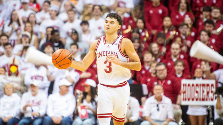 Indiana's Anthony Leal (3) brings the ball up the floor during the Indiana versus Ohio State men's basketball game at Simon Skjodt Assembly Hall on Saturday, March 8, 2025.