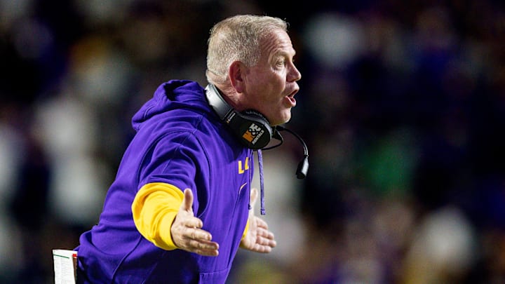 Nov 23, 2024; Baton Rouge, Louisiana, USA;  LSU Tigers head coach Brian Kelly reacts to a play against the Vanderbilt Commodores during the second half at Tiger Stadium. Mandatory Credit: Stephen Lew-Imagn Images