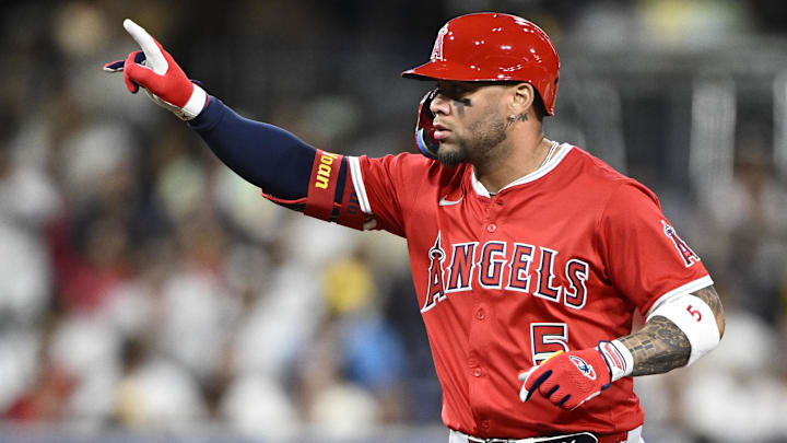 May 12, 2025; San Diego, California, USA; Los Angeles Angels third baseman Yoan Moncada (5) celbrates after hitting a double during the sixth inning against the San Diego Padres at Petco Park. May 12, 2025; San Diego, California, USA; Los Angeles Angels third baseman Yoan Moncada (5) celbrates after hitting a double during the sixth inning against the San Diego Padres at Petco Park.