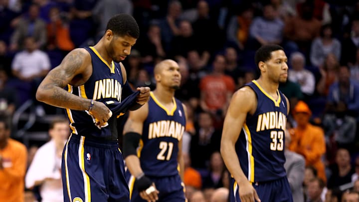 Jan 22, 2014; Phoenix, AZ, USA; Indiana Pacers forward Paul George (left), forward David West (center) and forward Danny Granger against the Phoenix Suns at US Airways Center. Mandatory Credit: Mark J. Rebilas-Imagn Images Jan 22, 2014; Phoenix, AZ, USA; Indiana Pacers forward Paul George (left), forward David West (center) and forward Danny Granger against the Phoenix Suns at US Airways Center. Mandatory Credit: Mark J. Rebilas-Imagn Images
