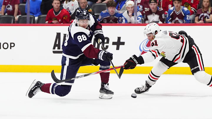Mar 10, 2025; Denver, Colorado, USA; Chicago Blackhawks center Frank Nazar (91) defends on Colorado Avalanche center Martin Necas (88) in the second period at Ball Arena. Mandatory Credit: Ron Chenoy-Imagn Images Mar 10, 2025; Denver, Colorado, USA; Chicago Blackhawks center Frank Nazar (91) defends on Colorado Avalanche center Martin Necas (88) in the second period at Ball Arena. Mandatory Credit: Ron Chenoy-Imagn Images