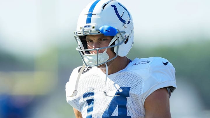 Indianapolis Colts wide receiver Alec Pierce (14) walks up the field Sunday, Aug. 3, 2025, during Indianapolis Colts Training Camp at Grand Park in Westfield.
