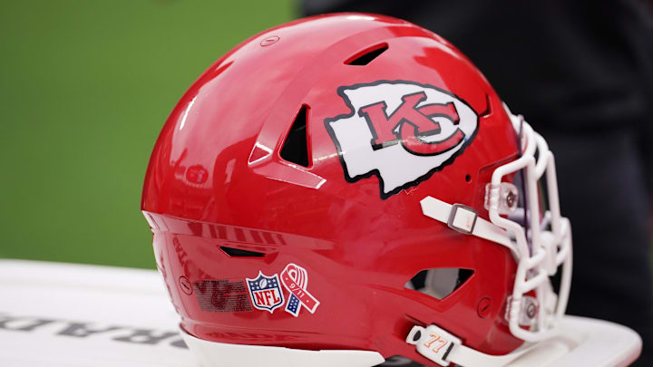 Sep 14, 2025; Kansas City, Missouri, USA; A Kansas City Chiefs helmet is seen during the third quarter of the game between the Kansas City Chiefs and the Philadelphia Eagles at GEHA Field at Arrowhead Stadium. Mandatory Credit: Denny Medley-Imagn Images