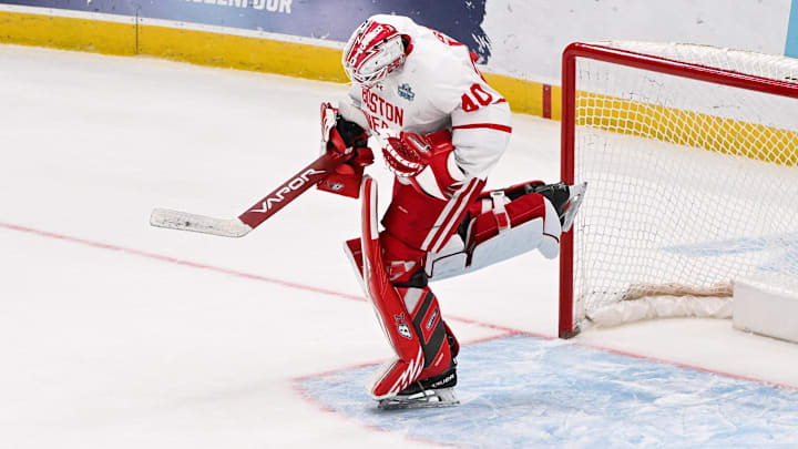 Apr 10, 2025; St. Louis, Missouri, UNITED STATES; Boston University Terriers goaltender Mikhail Yegorov (40) reacts to defeating the Penn State Nittany Lions to advance other the finals of the Frozen Four at Enterprise Center. Mandatory Credit: Connor Hamilton-Imagn Images