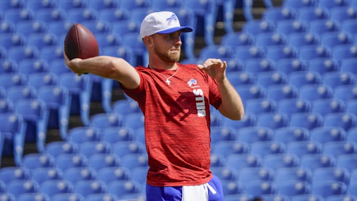 Aug 10, 2024; Orchard Park, New York, USA; Buffalo Bills quarterback Shane Buechele (6) warms up prior to the game against the Chicago Bears at Highmark Stadium. Mandatory Credit: Gregory Fisher-USA TODAY Sports