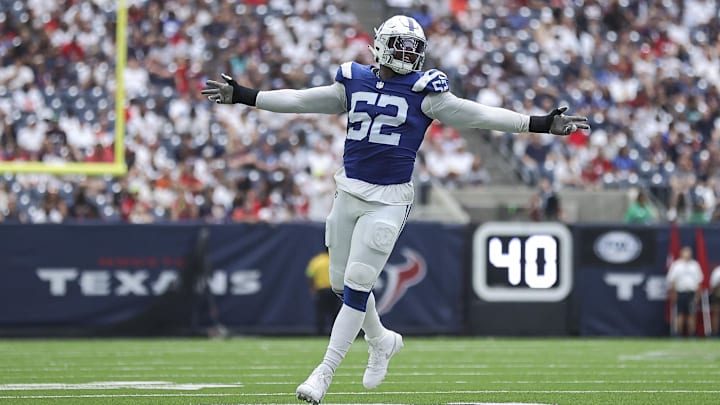 Sep 17, 2023; Houston, Texas, USA; Indianapolis Colts defensive end Samson Ebukam (52) reacts after
