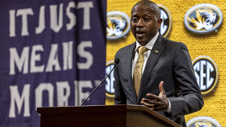 Oct 18, 2023; Brimingham, AL, USA; Missouri Tigers head coach Dennis Gates talks with the media during the SEC Basketball Tipoff at Grand Bohemian Hotel Mountain Brook. Mandatory Credit: Vasha Hunt-Imagn Images
