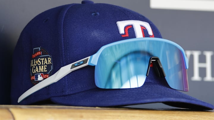 Apr 16, 2024; Detroit, Michigan, USA;  Texas Rangers cap sits in dugout in the first inning against the Detroit Tigers at Comerica Park. 
