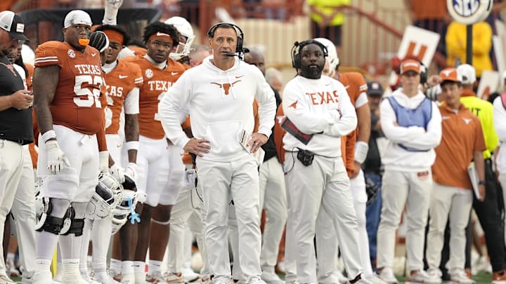Nov 1, 2025; Austin, Texas, USA; Texas Longhorns head coach Steve Sarkisian observes the second half against the Vanderbilt Commodores at Darrell K Royal-Texas Memorial Stadium. Mandatory Credit: Scott Wachter-Imagn Images Nov 1, 2025; Austin, Texas, USA; Texas Longhorns head coach Steve Sarkisian observes the second half against the Vanderbilt Commodores at Darrell K Royal-Texas Memorial Stadium. Mandatory Credit: Scott Wachter-Imagn Images