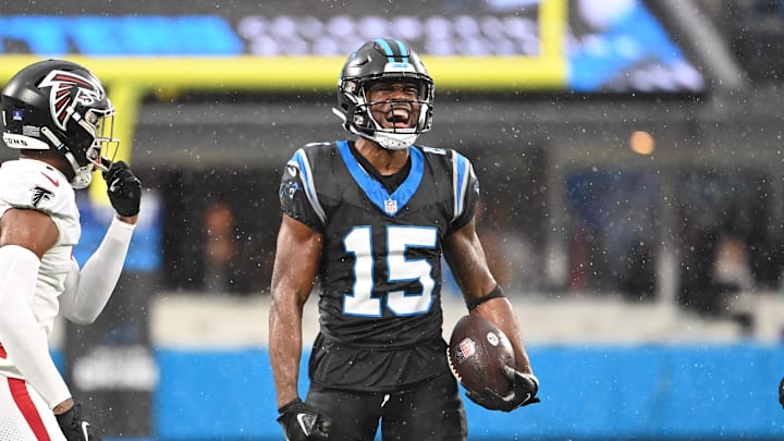 Dec 17, 2023; Charlotte, North Carolina, USA; Carolina Panthers wide receiver Jonathan Mingo (15) reacts after making a catch in the fourth quarter at Bank of America Stadium. Mandatory Credit: Bob Donnan-Imagn Images Dec 17, 2023; Charlotte, North Carolina, USA; Carolina Panthers wide receiver Jonathan Mingo (15) reacts after making a catch in the fourth quarter at Bank of America Stadium. Mandatory Credit: Bob Donnan-Imagn Images