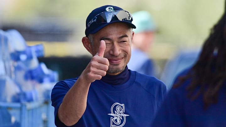 Feb 15, 2024; Peoria, AZ, USA; Former Seattle Mariners player Ichiro Suzuki reacts during a Spring Training workout at Peoria Sports Complex.  Mandatory Credit: Matt Kartozian-Imagn Images