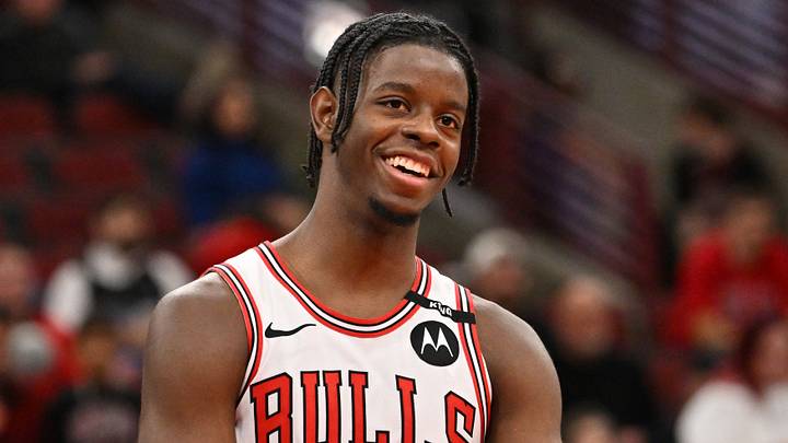 Oct 24, 2026; Chicago, Illinois, USA;  Chicago Bulls forward Caleb Wilson (8) smiles against the Washington Wizards during the second half at United Center.  Mandatory Credit: Patrick Gorski-Imagn Images