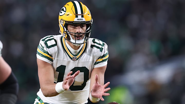 Jan 12, 2025; Philadelphia, Pennsylvania, USA; Green Bay Packers quarterback Jordan Love (10) drops back to pass against the Philadelphia Eagles during the third quarter in an NFC wild card game at Lincoln Financial Field. Mandatory Credit: Bill Streicher-Imagn Images