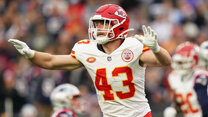 Dec 17, 2023; Foxborough, Massachusetts, USA; Kansas City Chiefs linebacker Jack Cochrane (43) reacts after the New England Patriots miss the field goal attempt in the first quarter at Gillette Stadium. Mandatory Credit: David Butler II-Imagn Images