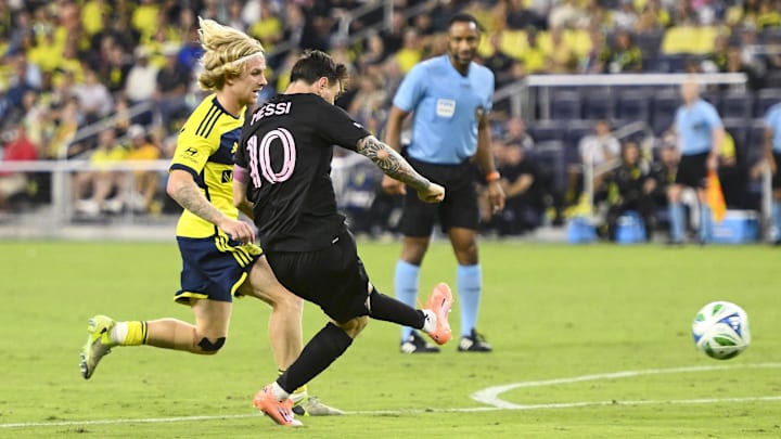 Oct 18, 2025; Nashville, Tennessee, USA; Inter Miami forward Lionel Messi (10) takes a shot on goal Oct 18, 2025; Nashville, Tennessee, USA; Inter Miami forward Lionel Messi (10) takes a shot on goal