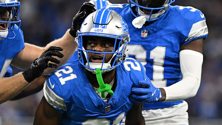 Lions cornerback Amik Robertson (21) celebrates with linebacker Alex Anzalone (34) and safety Kerby Joseph (31) Lions cornerback Amik Robertson (21) celebrates with linebacker Alex Anzalone (34) and safety Kerby Joseph (31)