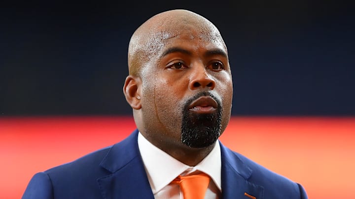 Sep 20, 2024; Syracuse, New York, USA; Syracuse Orange head coach Fran Brown arrives at the JMA Wireless Dome prior to a game against the Stanford Cardinal. Mandatory Credit: Rich Barnes-Imagn Images