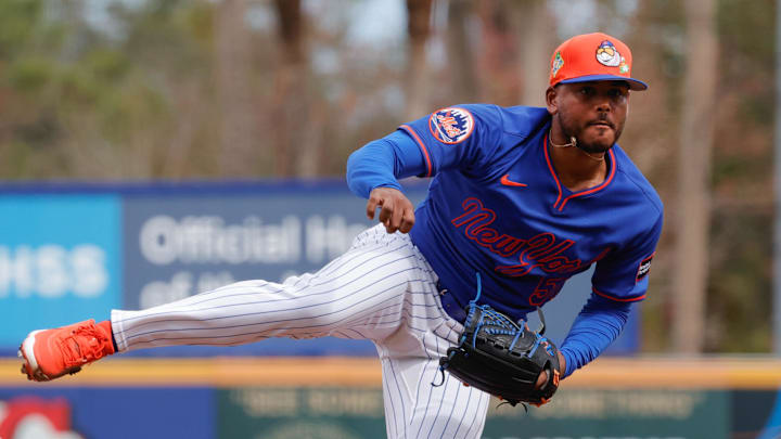 Feb 17, 2026; Port St. Lucie, FL, USA;  New York Mets pitcher Freddy Peralta (51) throws a pitch during the New York Mets spring training workouts at Clover Park. Mandatory Credit: Reinhold Matay-Imagn Images