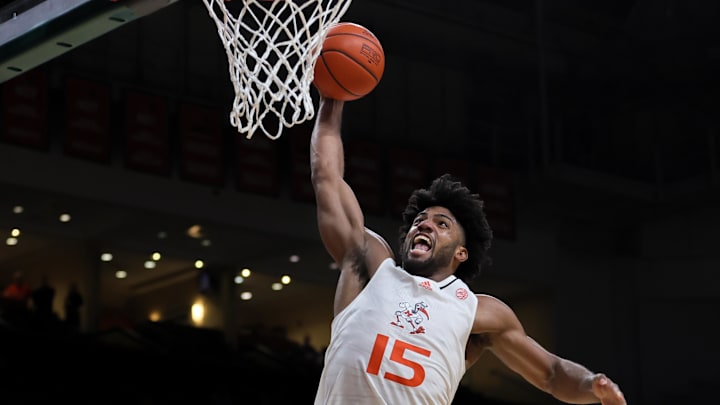 Mar 6, 2024; Coral Gables, Florida, USA; St. John's basketball transfer target Norchad Omier (15) dunks the