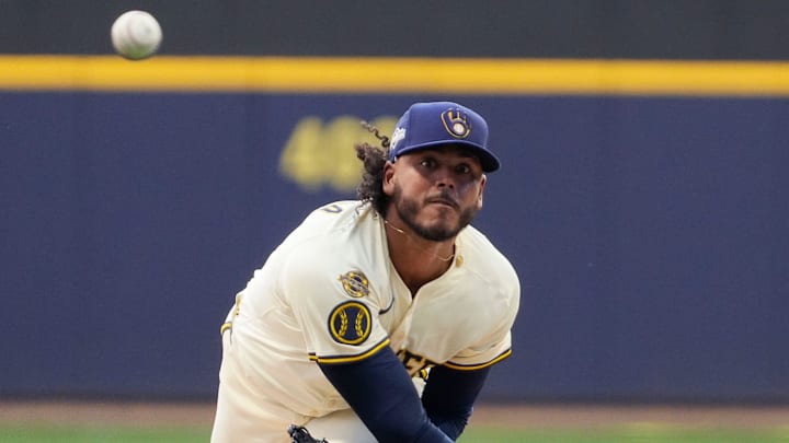 Milwaukee Brewers pitcher Freddy Peralta (51) pitches during the first inning of the National League Division Series game against the Chicago Cubs on Saturday October 4, 2025 at American Family Field in Milwaukee, Wisconsin. Milwaukee Brewers pitcher Freddy Peralta (51) pitches during the first inning of the National League Division Series game against the Chicago Cubs on Saturday October 4, 2025 at American Family Field in Milwaukee, Wisconsin.