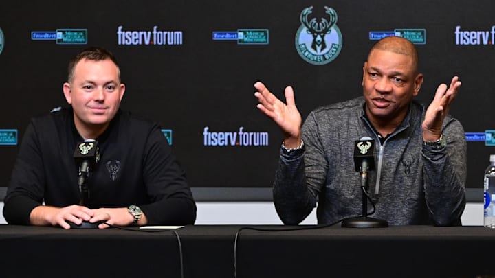 Jan 27, 2024; Milwaukee, WI, USA; Doc Rivers speaks at a press conference with general manager Jon Horst where he was introduced as the new head coach of the Milwaukee Bucks at the Fiserv Forum. Mandatory Credit: Benny Sieu-Imagn Images Jan 27, 2024; Milwaukee, WI, USA; Doc Rivers speaks at a press conference with general manager Jon Horst where he was introduced as the new head coach of the Milwaukee Bucks at the Fiserv Forum. Mandatory Credit: Benny Sieu-Imagn Images