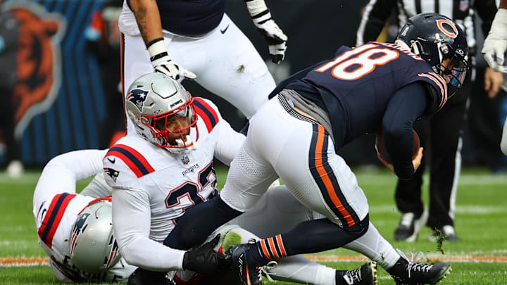 Down goes Caleb Williams again thanks to linebacker Anfernee Jennings, and there were eight other sacks of him on Sunday. 