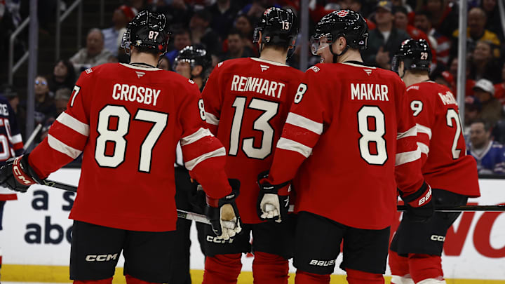 Feb 20, 2025; Boston, MA, USA; [Imagn Images direct customers only] Team Canada forward Sydney Crosby (87), forward Sam Reinhart (13) and defenseman Cale Makar (8) during the 4 Nations Face-Off ice hockey championship game against the United States at TD Garden. Mandatory Credit: Winslow Townson-Imagn Images