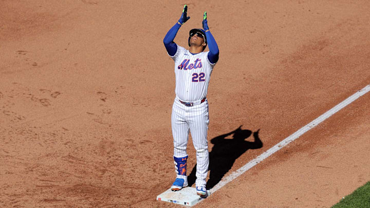 Mar 29, 2026; New York City, New York, USA; New York Mets left fielder Juan Soto (22) reacts after hitting an RBI single against the Pittsburgh Pirates during the fifth inning at Citi Field. Mandatory Credit: Brad Penner-Imagn Images