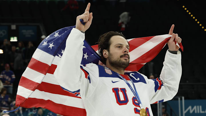Feb 22, 2026; Milan, Italy; Auston Matthews #34 of Team United States celebrates after the game against Team Canada during the Milano Cortina 2026 Olympic Winter Games at Milano Santagiulia Ice Hockey Arena. Mandatory Credit: Geoff Burke-Imagn Images Feb 22, 2026; Milan, Italy; Auston Matthews #34 of Team United States celebrates after the game against Team Canada during the Milano Cortina 2026 Olympic Winter Games at Milano Santagiulia Ice Hockey Arena. Mandatory Credit: Geoff Burke-Imagn Images