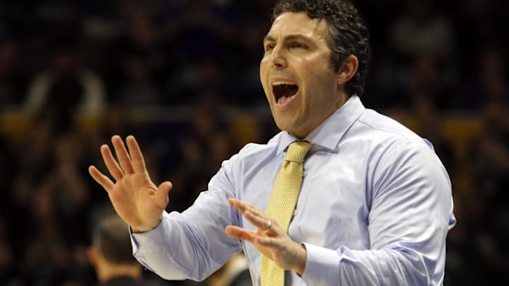Georgia Tech Yellow Jackets head coach Josh Pastner reacts on the sidelines against the Pittsburgh Panthers during the first half at the Petersen Events Center. Mandatory Credit: Charles LeClaire-Imagn Images