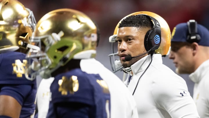 Jan 20, 2025; Atlanta, GA, USA; Notre Dame Fighting Irish head coach Marcus Freeman against the Ohio State Buckeyes during the CFP National Championship college football game at Mercedes-Benz Stadium. 