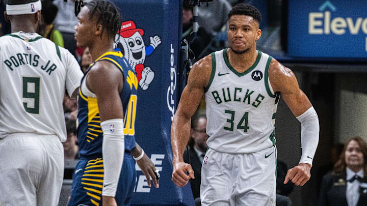 Jan 3, 2024; Indianapolis, Indiana, USA; Milwaukee Bucks forward Giannis Antetokounmpo (34) reacts to a basket in the second half against the Indiana Pacers at Gainbridge Fieldhouse. Mandatory Credit: Trevor Ruszkowski-Imagn Images