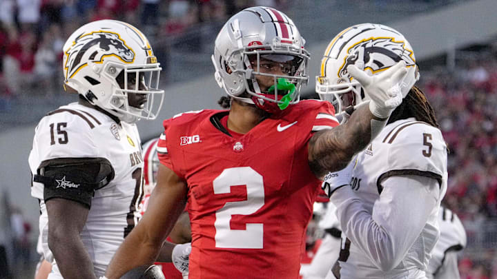Sept. 7, 2024; Columbus, Ohio, USA;
Ohio State Buckeyes wide receiver Emeka Egbuka (2) signals for a first down during the first half of an NCAA Division I football game against the Western Michigan Broncos on Saturday at Ohio Stadium. Sept. 7, 2024; Columbus, Ohio, USA;
Ohio State Buckeyes wide receiver Emeka Egbuka (2) signals for a first down during the first half of an NCAA Division I football game against the Western Michigan Broncos on Saturday at Ohio Stadium.