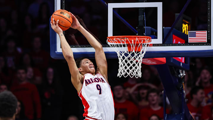 Mar 4, 2025; Tucson, Arizona, USA; Arizona Wildcats forward Carter Bryant (9) dunks the ball during the first half against the Arizona State Sun Devils at McKale Center. Mandatory Credit: Aryanna Frank-Imagn Images