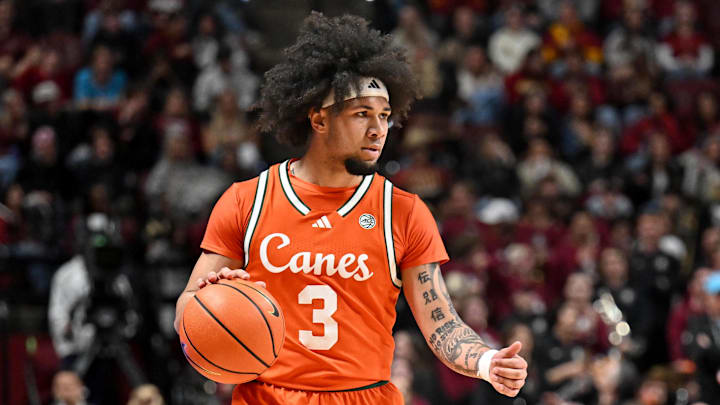 Feb 24, 2026; Tallahassee, Florida, USA; Miami Hurricanes guard Tre Donaldson (3) during the first half against the Florida State Seminoles at Donald L. Tucker Center. Mandatory Credit: Melina Myers-Imagn Images