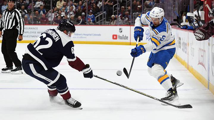 Oct 3, 2026; Denver, Colorado, USA; St. Louis Blues defenseman Philip Broberg (6) shoots the puck against Colorado Avalanche left winger Artturi Lehkonen (62) during the first period at Ball Arena. Mandatory Credit: Christopher Hanewinckel-Imagn Images Oct 3, 2026; Denver, Colorado, USA; St. Louis Blues defenseman Philip Broberg (6) shoots the puck against Colorado Avalanche left winger Artturi Lehkonen (62) during the first period at Ball Arena. Mandatory Credit: Christopher Hanewinckel-Imagn Images