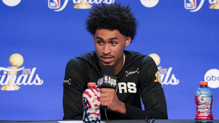 Jun 3, 2026; San Antonio, Texas, USA; San Antonio Spurs guard Dylan Harper speaks to the media after game one of the 2026 NBA Finals at Frost Bank Center. Jun 3, 2026; San Antonio, Texas, USA; San Antonio Spurs guard Dylan Harper speaks to the media after game one of the 2026 NBA Finals at Frost Bank Center.