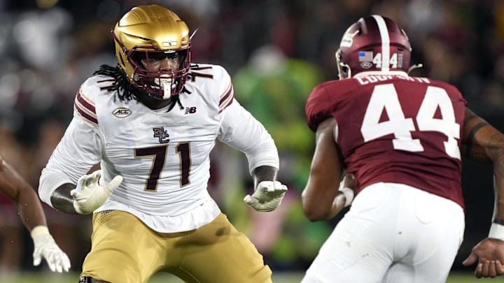 Sep 13, 2025; Stanford, California, USA; Boston College Eagles offensive lineman Jude Bowry (71) blocks against Stanford Cardinal linebacker Ernest Cooper (44) during the second quarter at Stanford Stadium. Mandatory Credit: Darren Yamashita-Imagn Images