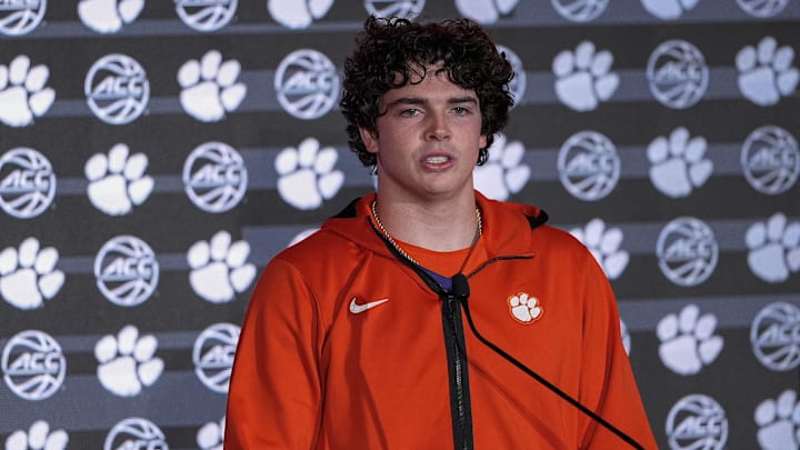Oct 10, 2024; Charlotte, NC, USA; Clemson player Ian Schieffelin answers questions from the media at The Hilton Charlotte Uptown. Oct 10, 2024; Charlotte, NC, USA; Clemson player Ian Schieffelin answers questions from the media at The Hilton Charlotte Uptown.